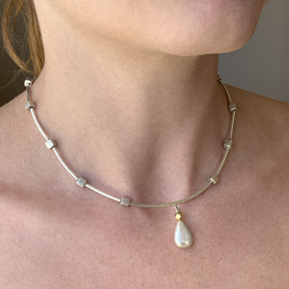 Modernist Hill Tribe Silver Necklace W/ 18k Accent